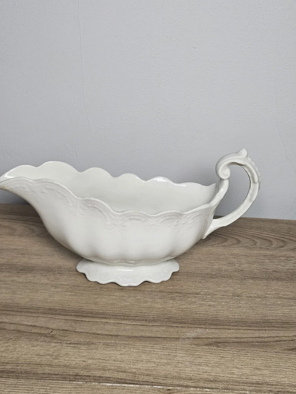Vintage White Ceramic Gravy Boat Scalloped Embossed Scroll Handle Unmarked